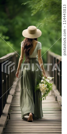 Woman Walking Across a Wooden Bridge Wearing Green Retro Clothes. Generative ai 114443813