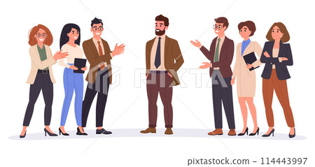 Business people greeting colleague. Businessman surrounded by cheering and applauding office people flat vector illustration. Business congratulations scene 114443997