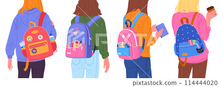 Teenagers with backpacks back view. Students wearing backpacks with school supplies, school bags with books, charms and patches flat vector illustration set. School kids backpacks back view 114444020