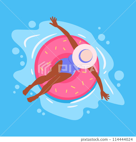 Woman floating on rubber ring. Girl swimming and relaxing on inflatable toy in swimming pool flat vector illustration. Cartoon female character relaxing in pool Woman floating on rubber ring. Girl swimming and relaxing on inflatable toy in swimming pool flat vector illustration. Cartoon female character relaxing in pool 114444024
