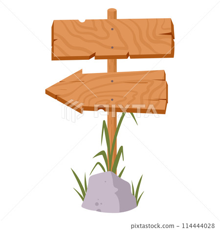 Wooden sign board. Rustic wood pathfinding sign, arrow direction sign border flat isolated vector illustration. Cartoon wood sign board on white Wooden sign board. Rustic wood pathfinding sign, arrow direction sign border flat isolated vector illustration. Cartoon wood sign board on white 114444028