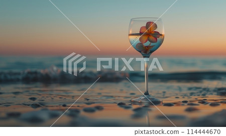 Cocktail glass with flower on sandy beach 114444670