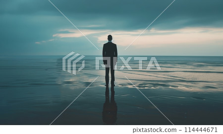 Man standing on beach, looking at ocean 114444671
