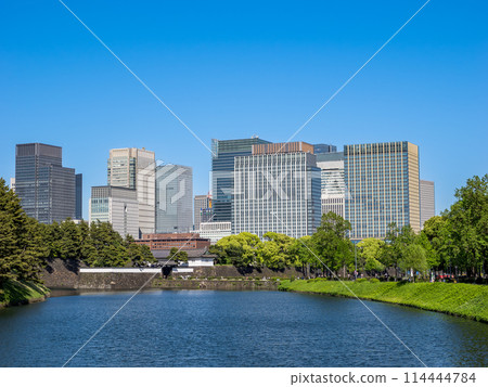 Timeless urban landscape: Sakuradamon Gate and Marunouchi office district seen from the Edo Castle ruins and Sakurada moat 114444784