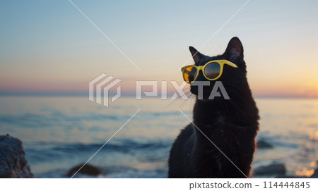 Black cat wearing yellow sunglasses on beach Black cat wearing yellow sunglasses on beach 114444845
