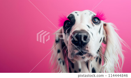 Dalmatian dog with long pink eyelashes on pink background Dalmatian dog with long pink eyelashes on pink background 114444846