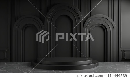 Black room with round podium and luxury arch 114444889