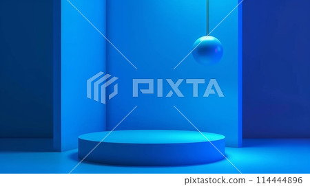 Blue room with round podium 114444896