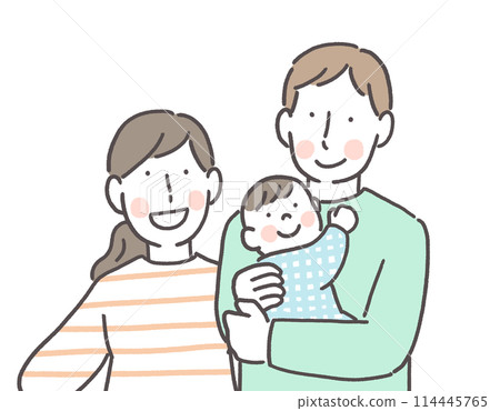 Dad holding a baby and mom smiling 114445765