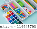 School supplies.Concept back to school. colored stationery is arranged in white organizers. Creative Drawer Organizing. Storage office supplies 114445793