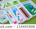 School supplies.Concept back to school. colored stationery is arranged in white organizers. Creative Drawer Organizing. Storage office supplies 114445806
