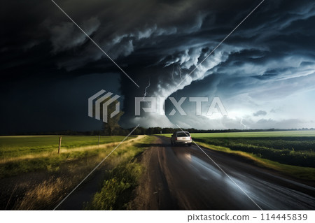 Disaster catastrophe storm concept - tornado in a field in the USA with car on road driving towards the storm in field under stormy dark sky 114445839