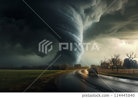 Disaster catastrophe storm concept - tornado in a field in the USA with car on road driving towards the storm in field under stormy dark sky 114445840
