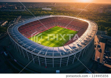 Aerial bird eye top view of a soccer football field stadium on sunset 114445856