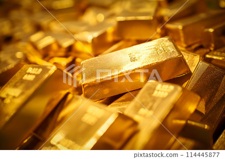 Banking finance concept background - pile of gold bars bullions ingots close up 114445877