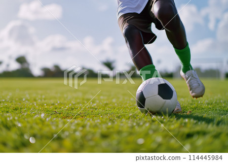 A soccer player kicks a ball on a football stadium field during game A soccer player kicks a ball on a football stadium field during game 114445984