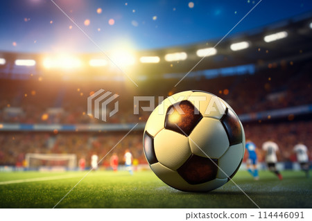 A soccer ball on a green field in soccer football stadium in evening on sunset with floodlights lights during game 114446091