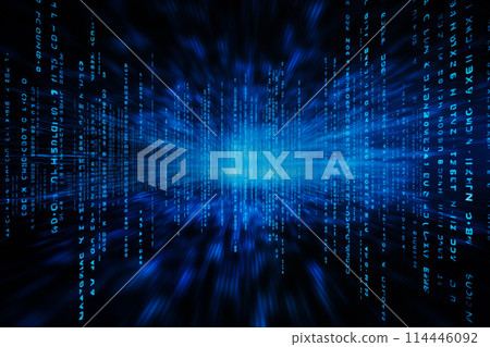 Blue dynamic digital data streams, showcasing flowing lines of code in a mesmerizing pattern, ideal for representing advanced computing, cybersecurity, and the intricate world of programming 114446092