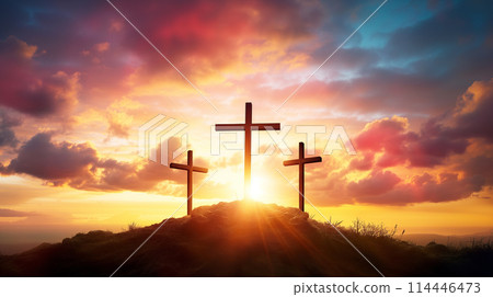 Easter concept three crosses on Golgotha Calvary hill against a dramatic sunset Easter concept three crosses on Golgotha Calvary hill against a dramatic sunset 114446473