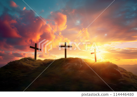 Easter concept three crosses on Golgotha Calvary hill against a dramatic sunset Easter concept three crosses on Golgotha Calvary hill against a dramatic sunset 114446480