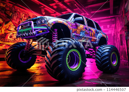 Monster truck illuminated by neon lights - excitement and thrill of an extreme sport and entertainment monster truck stunts racing show 114446507