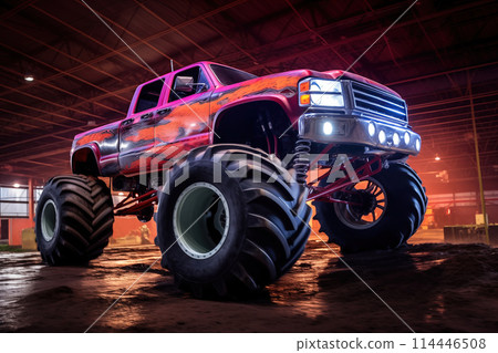 Monster truck illuminated by neon lights - excitement and thrill of an extreme sport and entertainment monster truck stunts racing show 114446508