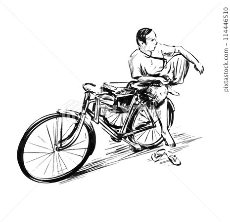 Drawing of a rickshaw driver on the street in Myanmar 114446510
