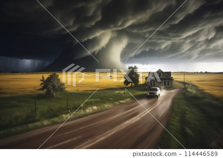 Disaster catastrophe storm concept - tornado in a field in the USA with wooden house and car on road under stormy dark sky 114446589