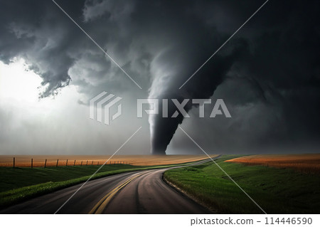 Disaster catastrophe storm concept - tornado in a field in the USA with road in field under stormy dark sky Disaster catastrophe storm concept - tornado in a field in the USA with road in field under stormy dark sky 114446590