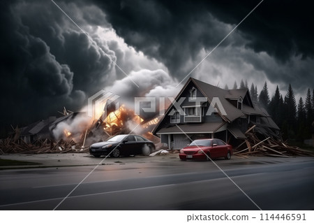 A car is in front of a destroyed by disaster house that is on fire 114446591