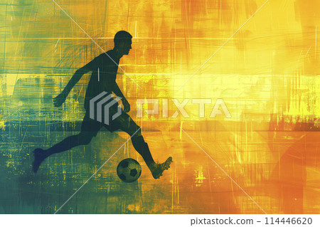 A soccer player dribbles and kicks a soccer ball. Abstract vintage grungy poster style with muted colors 114446620