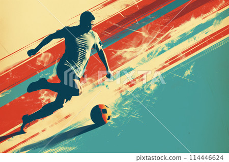 A soccer player dribbles and kicks a soccer ball. Abstract vintage grungy poster style with muted colors 114446624