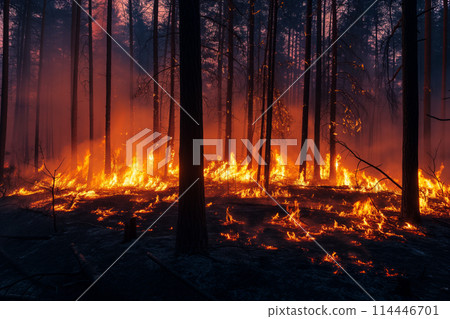 A forest wildfire is raging through a wooded area. Trees are on fire and flames are spreading quickly. Air is thick with smoke 114446701