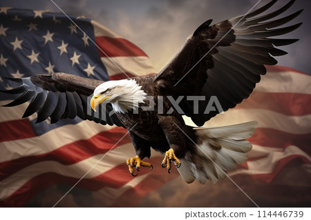 US Independence concept - the majestic American Bald Eagle with outspread wings USA National Symbol with US flag and sunset sky in background 114446739