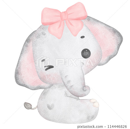 Coquette Baby Elephant with pink bow Watercolor Adorable Nursery Art 114446826