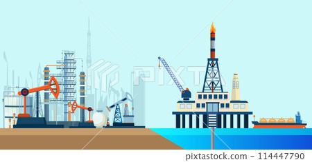 Gas and oil industry extraction platform background with offshore extracting pump tower station and rig drilling platform. Vector illustration eps10 Gas and oil industry extraction platform background with offshore extracting pump tower station and rig drilling platform. Vector illustration eps10 114447790