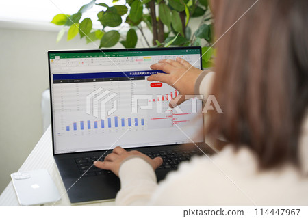 一位女士檢查圖表螢幕並繼續工作 一位女士檢查圖表螢幕並繼續工作 114447967