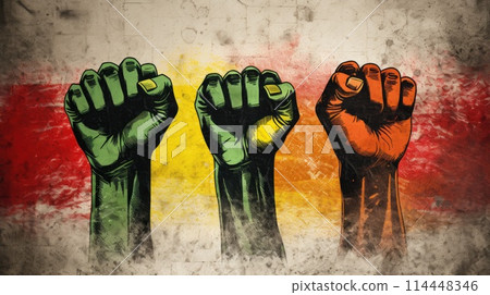 Raised fists drawing on stone wall in the colors yellow, green, and red. Juneteenth Freedom and African liberation day. Black life matters. Black history month. Raised fists drawing on stone wall in the colors yellow, green, and red. Juneteenth Freedom and African liberation day. Black life matters. Black history month. 114448346