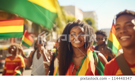 Happy Beautiful African American Woman with red, green and yellow flag symbolizing Juneteenth Freedom and African liberation day. Black life matters. Black history month. 114448347