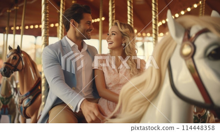 Romantic couple having a delightful time on a vibrant carousel at the amusement park on a sunny day 114448358