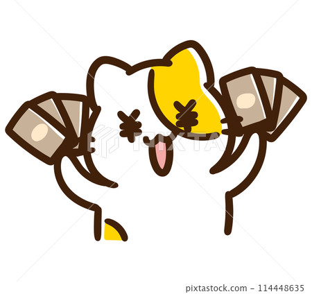 A deformed illustration of a money-loving cat character holding a stack of bills A deformed illustration of a money-loving cat character holding a stack of bills 114448635