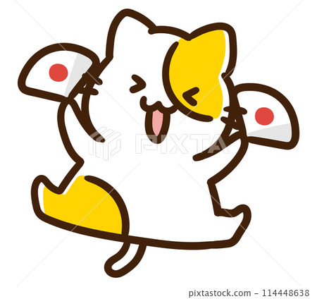 A comical illustration of a cute cat character holding a folding fan and celebrating A comical illustration of a cute cat character holding a folding fan and celebrating 114448638
