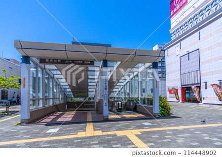Fujisawa cityscape in Japan, overlooking the entrance/exit of Shonandai Station (subway, Odakyu, and Sotetsu lines) 114448902