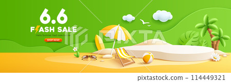 Summer flash sale, podium display, pile of sand, coconut tree, beach umbrella, beach chair, beach ball, sunglasses, banner design 114449321