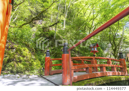 鮮綠的貴船神社和鈴鹿河上的鈴鹿橋 鮮綠的貴船神社和鈴鹿河上的鈴鹿橋 114449377