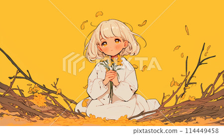 黃色背景和採摘黃色花朵的女孩 114449458