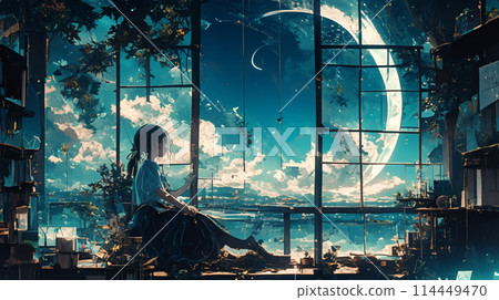 A book and a girl looking at the moon A book and a girl looking at the moon 114449470