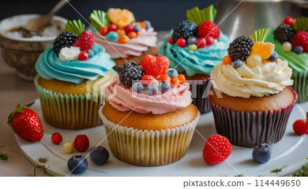 可愛的紙杯蛋糕，配上彩色奶油 114449650
