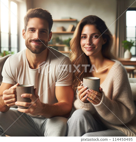 Two people drinking hot drinks Two people drinking hot drinks 114450495
