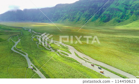 aerial view of jeeps in Bromo, East Java aerial view of jeeps in Bromo, East Java 114450623